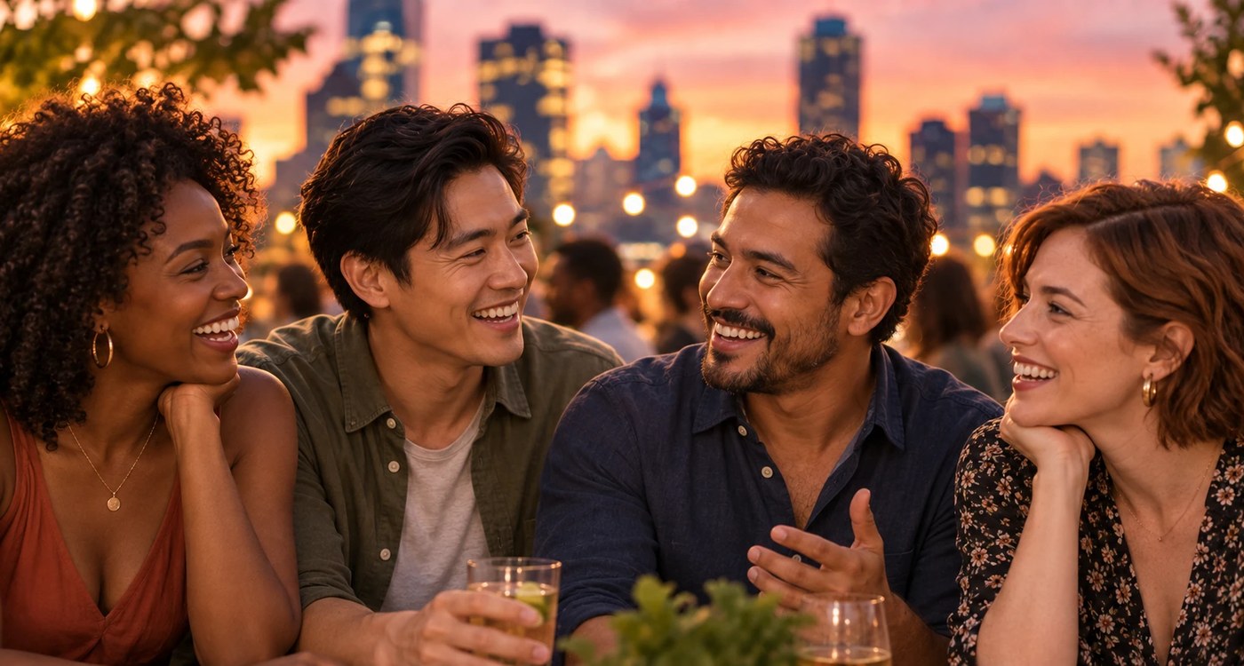 Vier Freunde lachen gemeinsam bei Sonnenuntergang