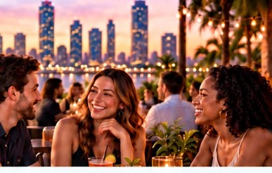 Friends at a rooftop bar