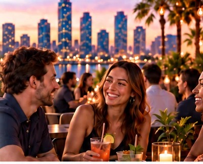 Friends laughing together at a bar