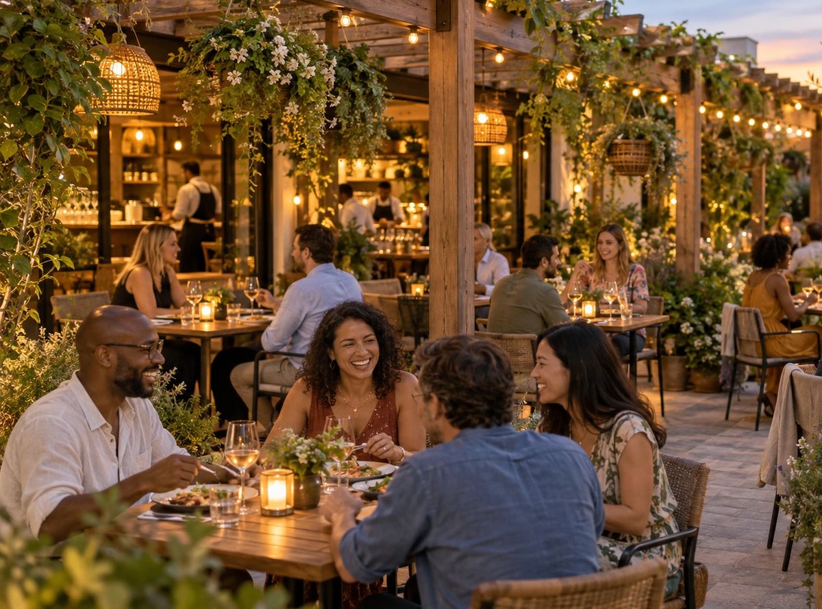 Friends at dinner under a pergola at dusk
