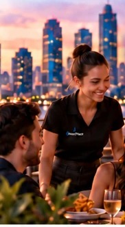 A server at a rooftop restaurant